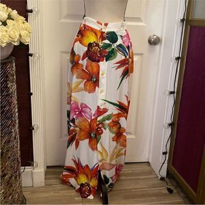 Osklen Floral Maxi Skirt in White with Orange and Pink Accents, S